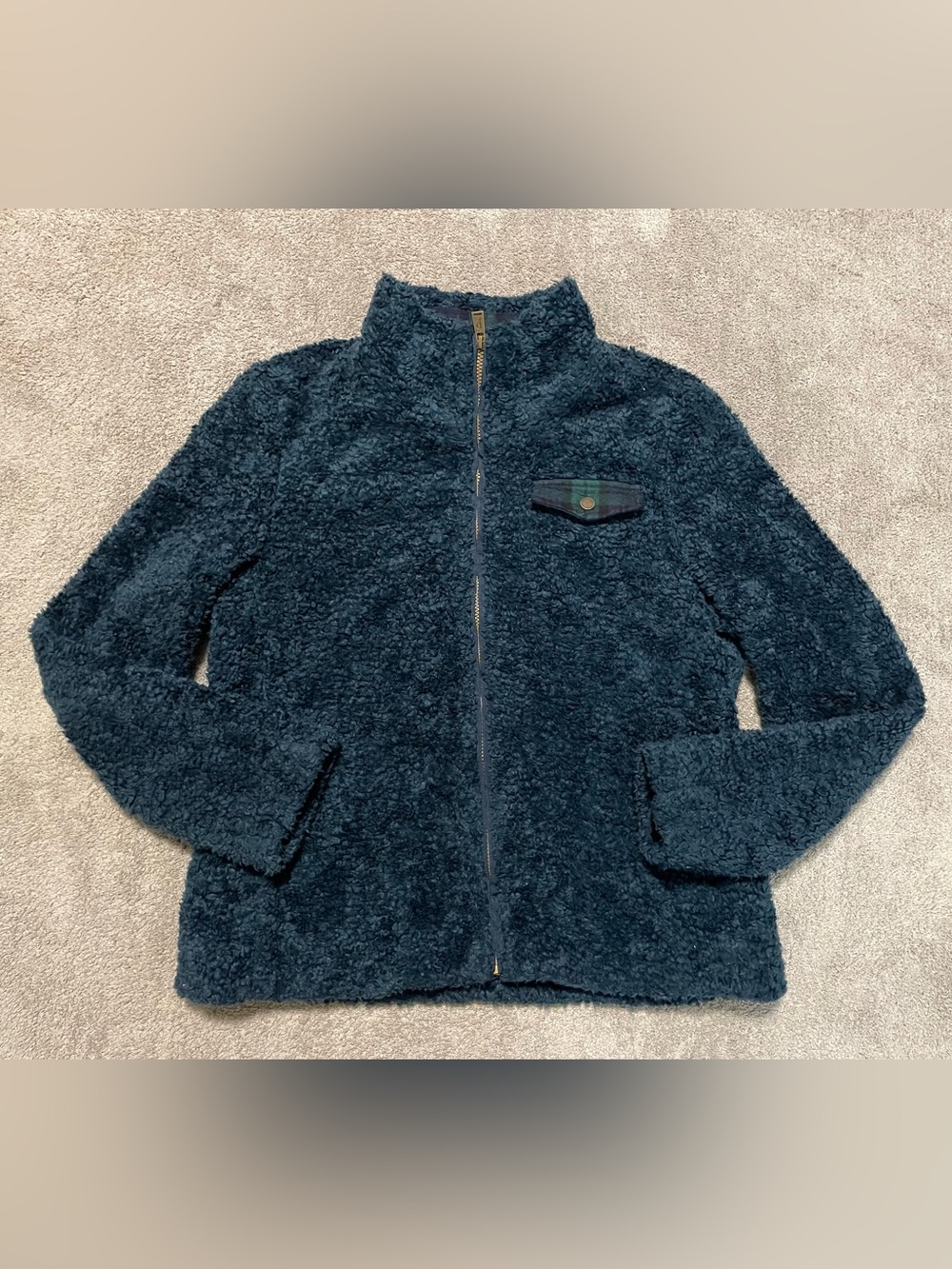 Pendleton Womens Sherpa Fleece Jacket Large Navy Blue Teddy Full Zip Plaid